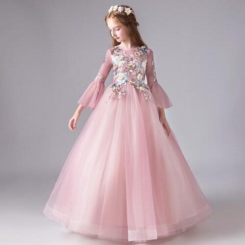 Flower Girl Dresses Princess Appliques Pearls Floor-Length Full Embroidery Soybean Pink Ball Gown O-Neck Kids Party Skirt H128