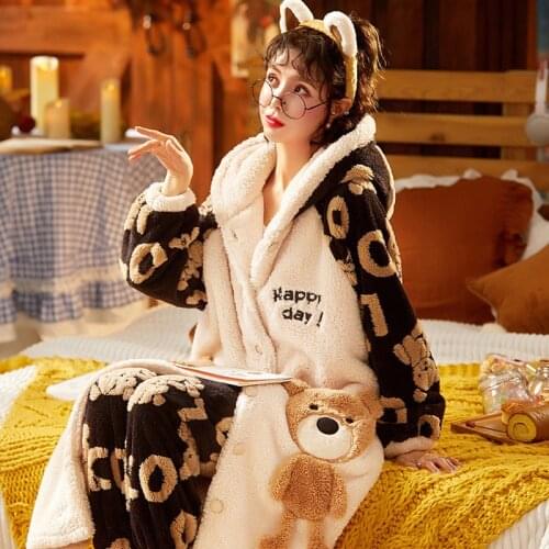 Thick nightgown winter Flannel Bathrobe Hooded Bathrobe Female Home Soft Robes Warm Dressing Gown Housecoat Cartoon Print