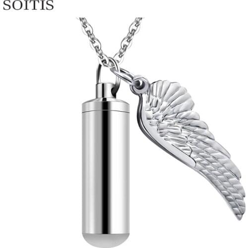 SOITIS Silver Color Angel Wing Pendant Decorative Keepsake Gift Clyinder Vial Cremation Urn Necklace Perfume Bottle for Women