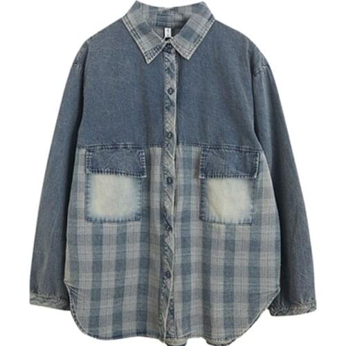 Casual Blouses Plus Size Tops Autumn Arts Style Women Long Sleeve Loose Cotton Denim Shirt Double Pocket Plaid Patchwork