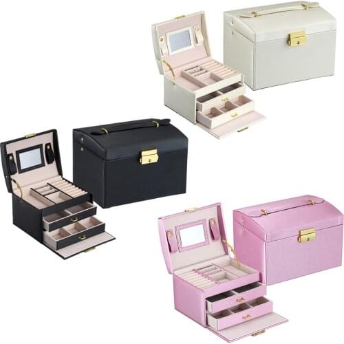 Jewelry Box Portable 3-Layer PU Leather Cosmetic Jewellery Storage Box Case Organizer with Mirror Lock 2-Drawers for Women Girls
