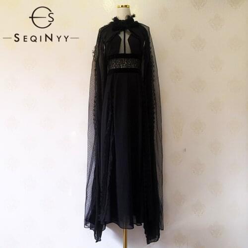 SEQINYY Party Dress 2020 Spring Autumn New Fashion Design Women Sexy Mesh Dot Lace Ruffles Black Maxi Dress Plus Size