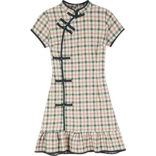 PERHAPS U Mandarin Collar Sleeve Short Sleeve Retro Cheongsam Mini Dress Summer Chinese Style Plaid Ruffle Green D1930