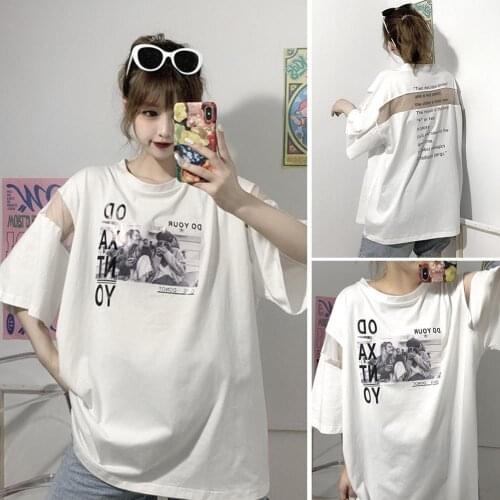 2021 Summer Casual Women Loose T-shirt Double-sided Letter Print Mesh Patchwork Short Sleeve Oversize T-shirt Top Harajuku Tops