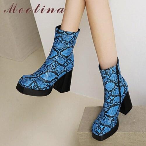 Meotina Women Ankle Boots Fashion Square Toe Zipper Shoes Platform Thick High Heel Ladies Short Boots Winter Big Size 46 Blue