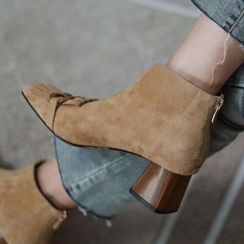 2021 Autumn/Winter Women Boots Cow Suede Round Toe Square Heel Mid-Heel Ankle Boots Womens Shoes 5cm Womens Shoes Booties Heels