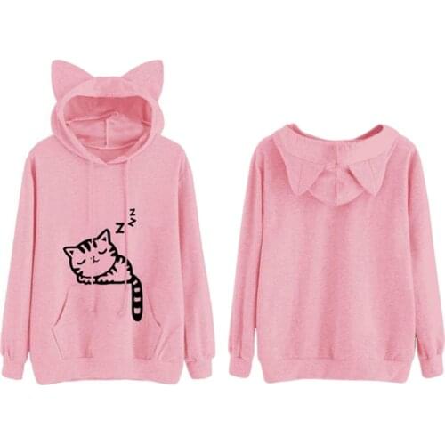 Cat Ear Hooded Coat Women Sweatershirt Sleep Cat Printed Autumn Long Sleeve Pullovers Female Fashion Outwear Womens