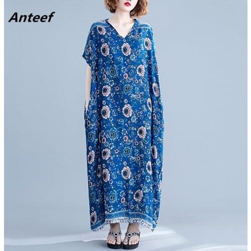 Short sleeve cotton satin vintage floral dresses for women casual loose maxi long summer beach sun dress elegant clothes 2021