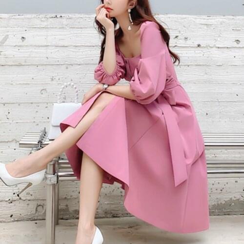 Bow Solid French Dress Women Elegant Vintage Solid Split Puff Half Sleeve Designer Midi Dress Chic Womens Clothing Autumn 2020