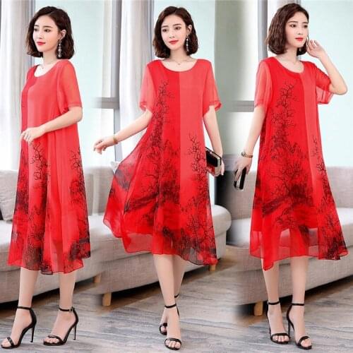 Korean style plus size womens mid-length dress 2020 summer loose fashion temperament printed dress female j25
