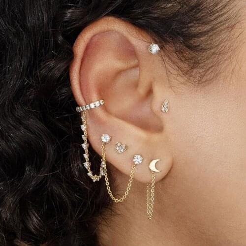 1 piece Gothic Punk micro pave clear cz two hole tassel Chain Earrings European fashion long link chains clip on Earring cuff