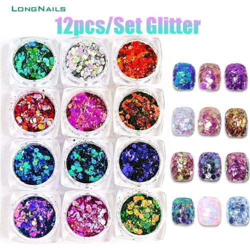 12Jar/lot Polychrome Mermaid Chunky Glitter Nail/Makeup Flashing Powder Holographic 0.2-1mm SuperFine Nail Set Glitters FT/MP872