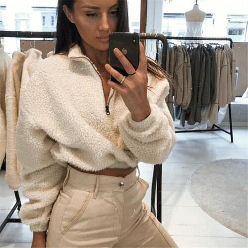 Long Sleeve White Cropped Hoodie Women Autumn Winter Pullover Short Sweatshirt Plush Zipper Faux Fur Fluffly Sweatshirt