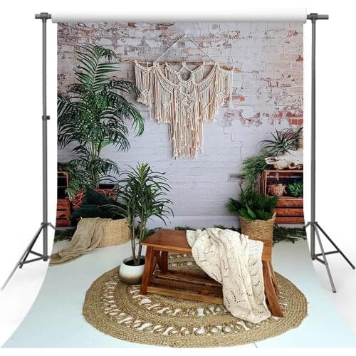 Bohemian Brick Wall Backdrop Green Plants Newborn Baby Child Portrait Photography Background Photo Studio Photophone Decor Props