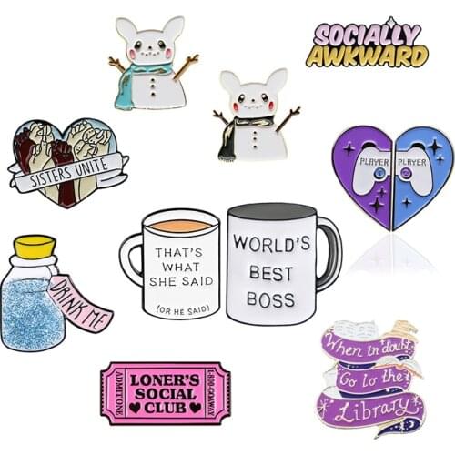 Heart Enamel Brooch Cute Snowman Letter funny words Lapel Pin Feminism badge Bag denim jackets Pins Jewelry gifts for friends