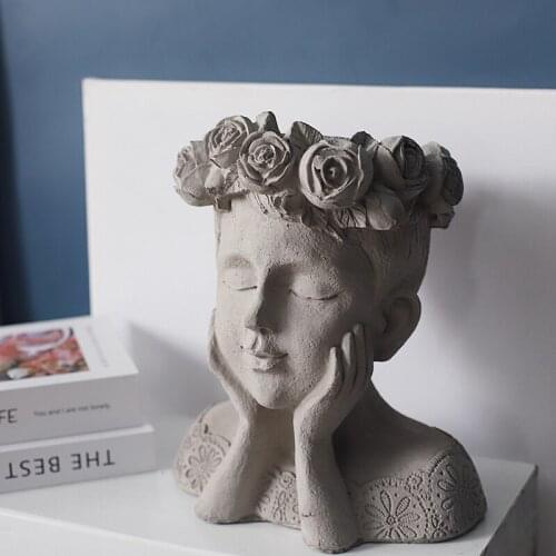 Retro Cement Portrait Human Face Statue Flower Pot Garden Cheek Boy Nordic Style Flower Pot Ornaments Indoor Plant Pot