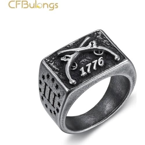 CFBulongs Cool Black Men Stainless Steel Double Gun 1776 Ring Retro Rock Band Finger Ring High Quality Punk Jewelry