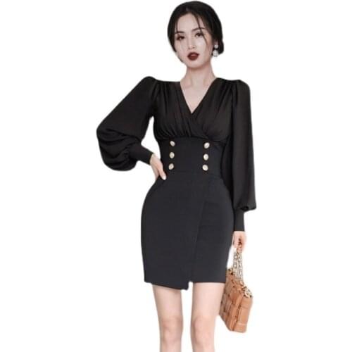 Black OL tight Dress one piece korean ladies Summer Long Sleeve V neck cabaret party fomral bodycon Mini Dresses for women