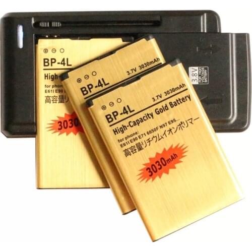 Ciszean 3x 3030mAh BP-4L Gold Replacement Battery + Universal Charger For Nokia E61i E90 6650/F/T E63 E71/X E72 E73 N97 E95 6790