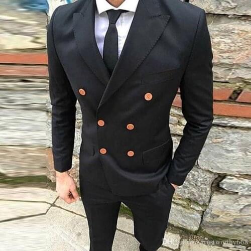 Tailored black double breasted wedding suits for men slim pointed Lapel 2-piece youth fashion vitality party host mans Blazer