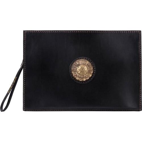 Handmade Pure copper The Eight Diagrams Men Vegetable Tanned Leather Black Bag Money Holder Clutch Purse Cigarette Clutches