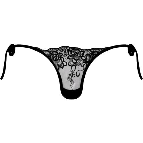 Men Sexy Underwear See-through Mesh Embroidered Thongs Low Waist Lace-up G-string Sissy Briefs Underpants T-back Lingerie