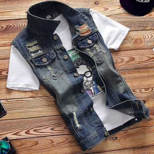 2021 Mens Autumn Slim Denim Vest Teenagers Fashion Holes Lapel Denim Vest