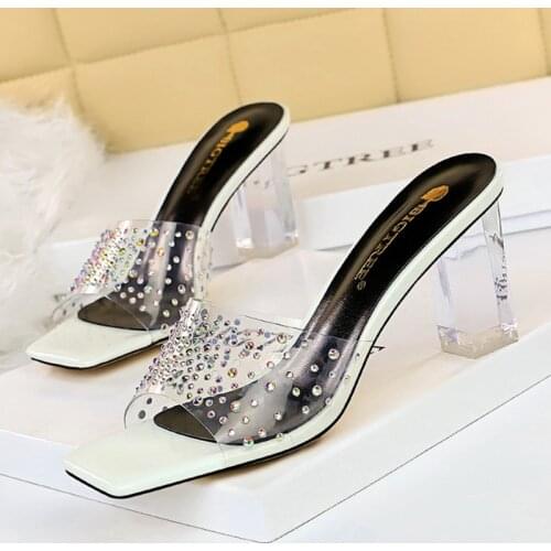 2021 Women Open Toe Slides White 7cm High Heels Crystal Mules Summer Sandals Bling Rhinestone Transparent Slippers Prom Shoes