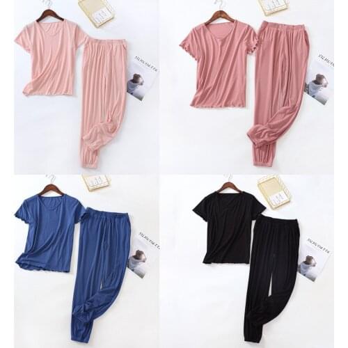 Japanese Style Pajamas Ladies Modal Spring Autumn Summer Plus Size Loose Short-sleeved Trousers Simple Home Service Suit Women