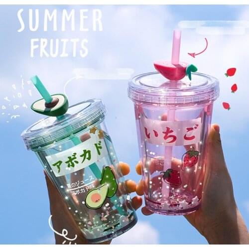 450ml Water Cup Cartoon Pattern With Lid Plastic Lovely Drinking Kettle Home Straw Type Water Bottles Outdoor Drinkware