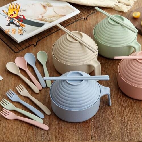 Wheat Straw Instant Noodles Bowl With Lid Spoon Fork Chopsticks Eating Dinnerware Set Tableware Japanese Style Food Container
