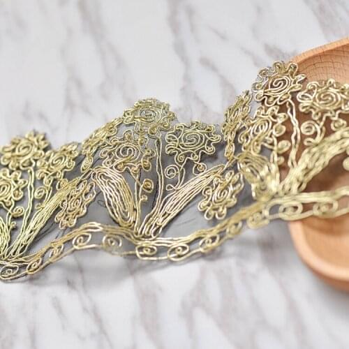 Polyester Mesh Lace Trim Fabric By the Yard Wholesale Lace Trim with cord gold embroidered floral-LL