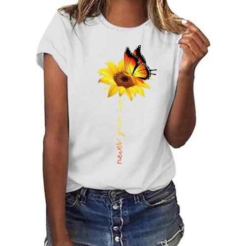 2020 Spring Autumn Fashion Round Neck Letter Butterfly Sunflower Short Sleeve T-Shirt Women Printed Sleeve Baggy Blouse Shirts