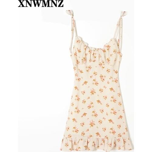 XNWMNZ 2021 woman Summer holiday mini beach dress for women casual chiffon flower print slim strap dress Vestidos