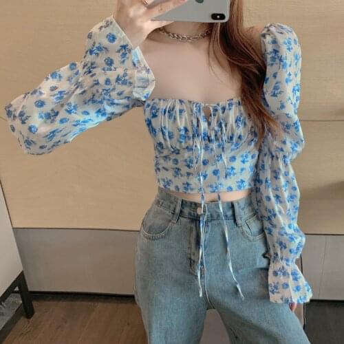 Women Long Sleeve Floral Shirt Elegant Chic Tunic Blouse Tops Puff Sleeve Short Design Blouse Female 2021 New