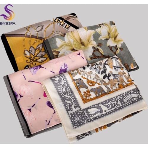 BYSIFA|New Ladies' Long Scarves Shawls Fashion Luxury 100% Pure Silk Scarf Cape 170*53cm Beige Grey Plant Flowers Design Scarves