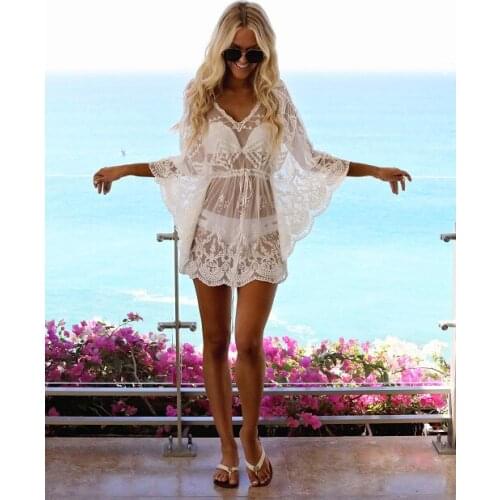 Womens Swimwear 2021 Sexy Bikini Cover-up Mesh Dress Lace Floral Mini Dress Long Sleeve See-through Long Tops Summer Dress