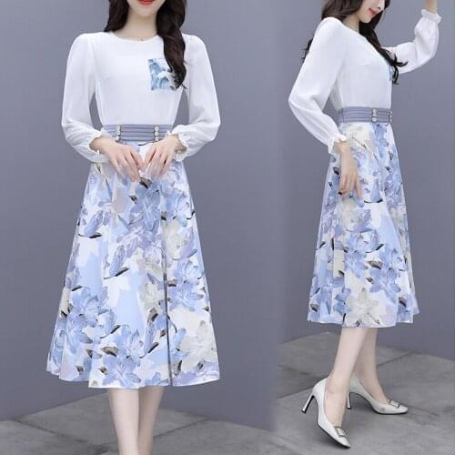 Casual Printted Chiffon 2 Piece set Women Temperament Long Sleeve White Shirt Blouse Floral Long Skirt Two-piece sets Female