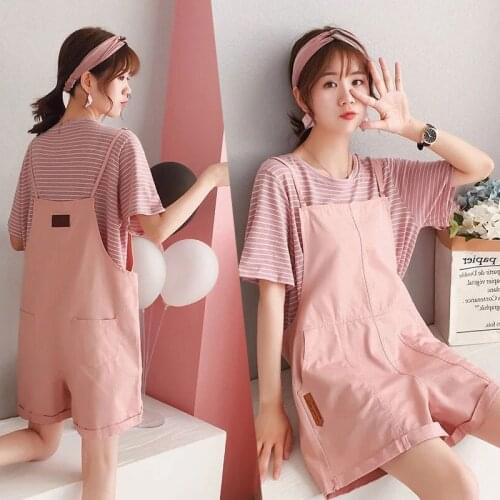 Large size two-piece suit womens 2020 summer fashion was thin suit cotton striped T-shirt + suspenders two-piece suit female j