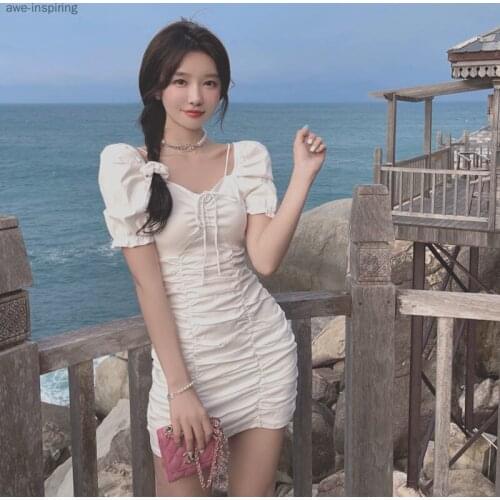Summer 2021 New Style Dress Folds Fashion Waist Bag Hip Skirt Waist Slim Short Skirt Solid Color Puff Sleeve Temperament Women
