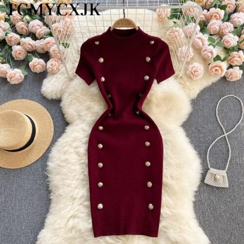 Sexy Vintage Short Sleeve Knitted Midi Wrap Dress For Women 2021 Slim Double Breasted Dresses Elegant Elastic Evening Dresses