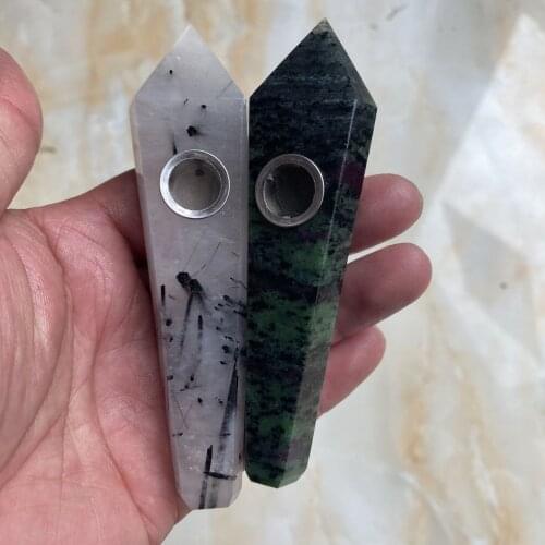 2pcs 100% natural Black tourmaline, red and green Crystal cigarette holder metaphysicial glossy stone as souvenir