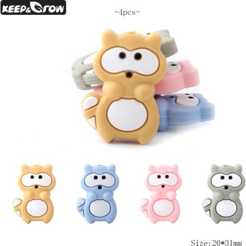 Keep&Grow 4pcs Mini Raccoon Silicone Beads Food Grade Silicone Baby Chewing Beads DIY Making Necklace Pendant Accessories
