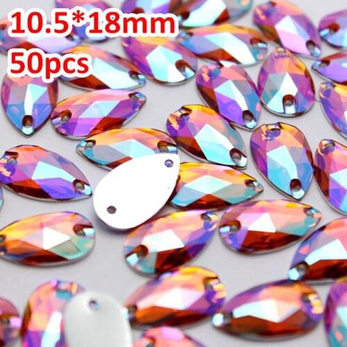 50pcs 10.5*18mm Pink AB Silver Base FlatBack Rhinestone Sew On Stone Droplet Resin Crystal For Jewelry Making And Strass