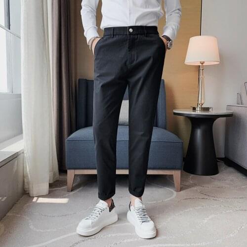 Autumn Mens Casual Pant Cotton Slim Business Solid Color Office Social Trousers Fashion Elastic Waist Streetwear Male Clothing