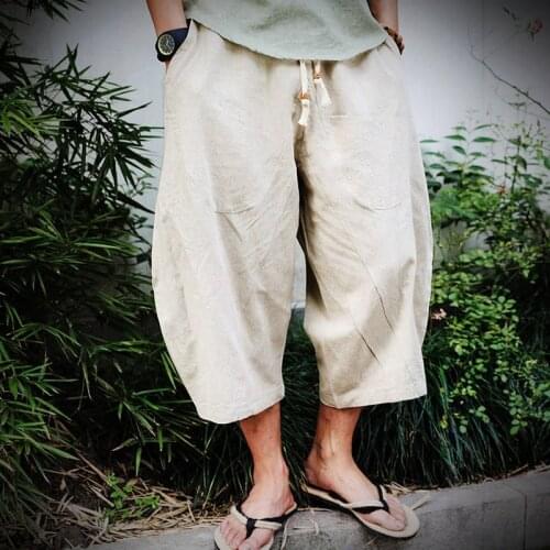 2020 Summer Chinese style pants mens Cropped Trousers wide leg pants linen casual bottom