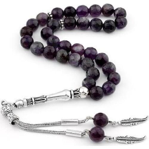Silver Faceted Purple Amethyst Gemstone Prayer Rosary Men Sphere Cut Rosary With Silver Tassel Turkish Tasbih Leaf Style Tassel