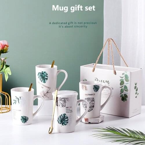 Nordic Creative Ceramic Mug Office Mugs With Spoon And Lid Water Tea Coffee Cup Big Gift Box Set Simplicity Green Plant Series