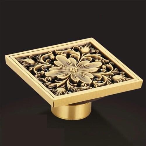 Classical Style 10x10cm Antique Brass Flower Art Carved Euro Floor Drains Square Floor Drain Strainer Insect-proof Deodorant
