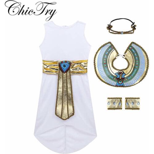Kids Halloween Costumes Boy Girls Ancient Egypt Egyptian Prince Princess Costume for Children Kids Cosplay Collar Armbands Set